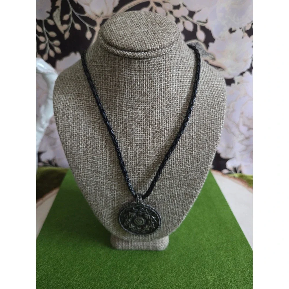 😎Silver Tone Om Mandala Pendant Necklace Black Braided Cord Boho Spiritual‎